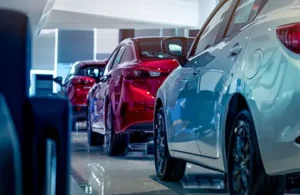 Rear view of new luxury red and white car parked in modern show room. Selective focus on white shiny car. Car dealership concept. Showroom interior. Automotive industry on coronavirus crisis concept.